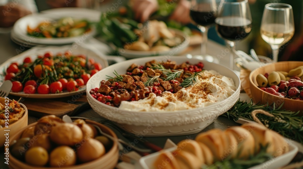Family Members Gathered Around the Table Enjoying a Warm Festive of a Traditional Holiday Meal Together in a Cozy Homely Setting Family Members Gathered Around the Table Enjoying a Warm Festive of a Traditional Holiday Meal Together in a Cozy Homely Setting