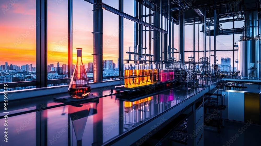 Fototapeta premium This laboratory features a stunning array of colorful chemical mixtures displayed on a sleek countertop, with a vibrant sunset illuminating the skyline, creating an inspiring atmosphere for research
