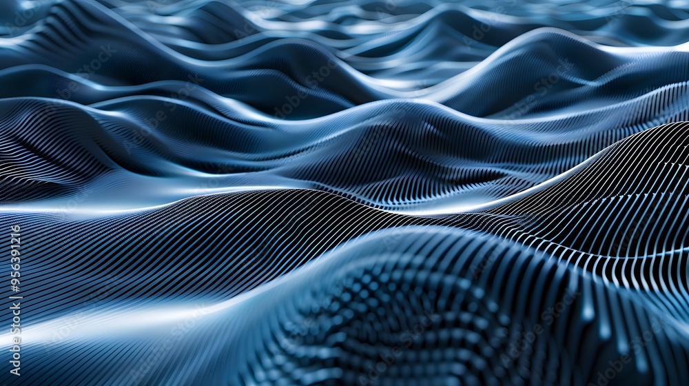 Abstract blue and black wavy grid pattern with a 3D digital effect.