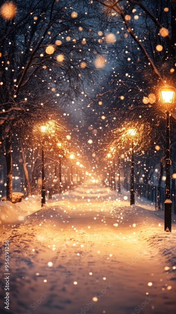 Magical Night Snowfall with Warm Streetlight Glow Magical Night Snowfall with Warm Streetlight Glow