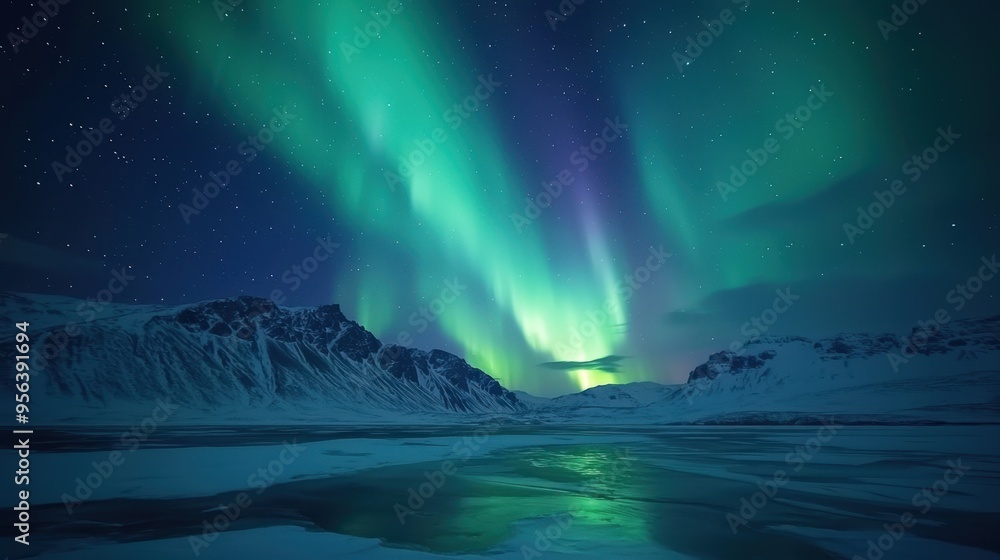 Naklejka premium Radiant Aurora Borealis Illuminating Snowy Night Sky with Green and Purple Lights - Magical Northern Lights Phenomenon