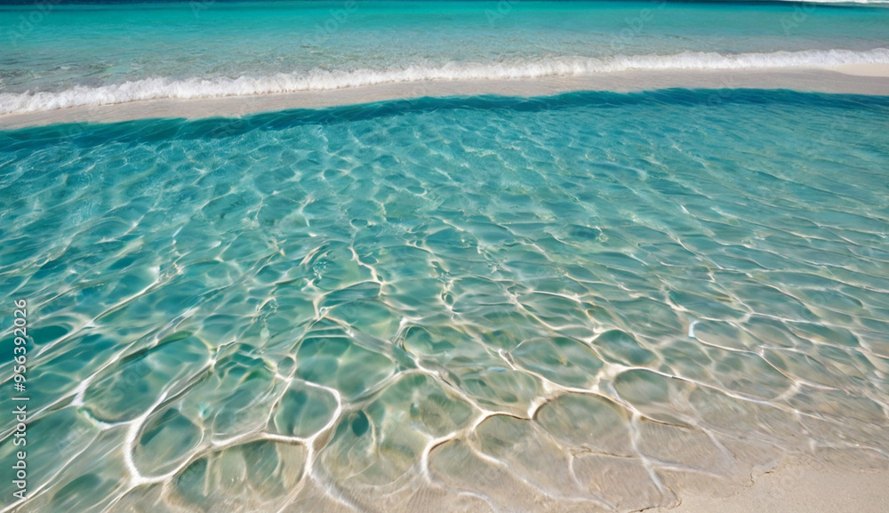 Obraz premium Crystal-clear turquoise water gently ripples over a sandy beach, reflecting sunlight and creating a peaceful, tropical atmosphere.