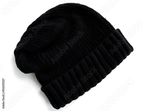 a black beanie styled with a slouchy appearance, draped asymmetrically on a pure white background that accentuates its form create with ai photo