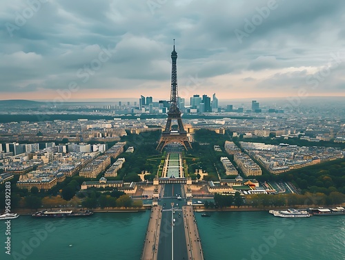 Aerial View of Eiffel Tower and Paris Cityscape. photo