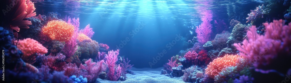 Fototapeta premium Illuminated Ocean Depths: Enchanting Glow of Sea Creatures in Mesmerizing 3D Illustration