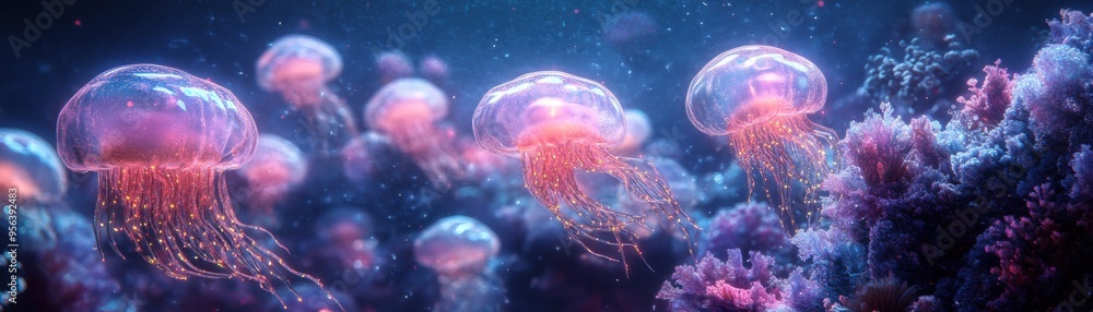 Exploring the Enchanting Ocean Depths: Glowing Sea Creatures in a Mesmerizing 3D Illustration Exploring the Enchanting Ocean Depths: Glowing Sea Creatures in a Mesmerizing 3D Illustration