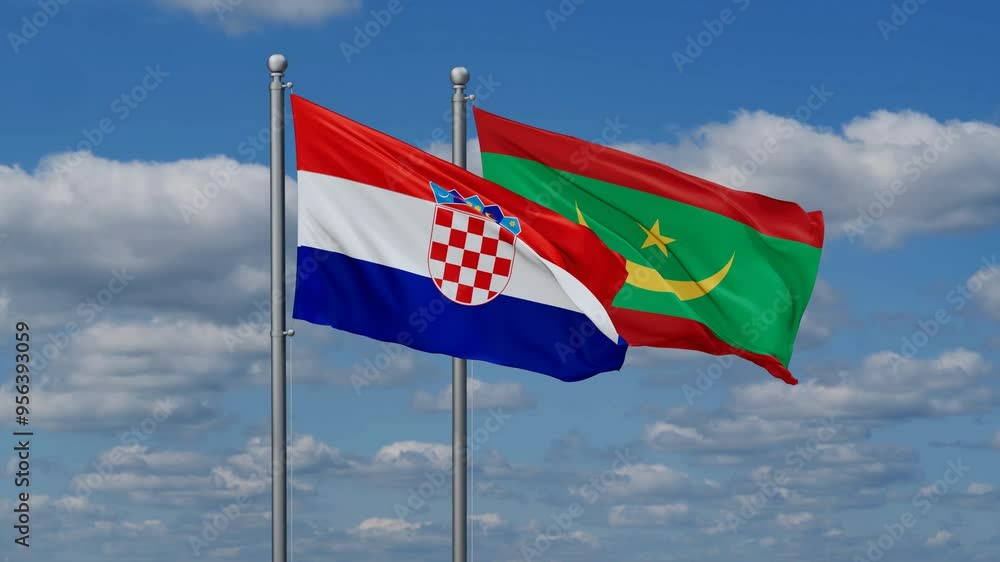 Mauritania and Croatia flags flying together, video concept of the relationship, two country relations concept Mauritania and Croatia flags flying together, video concept of the relationship, two country relations concept