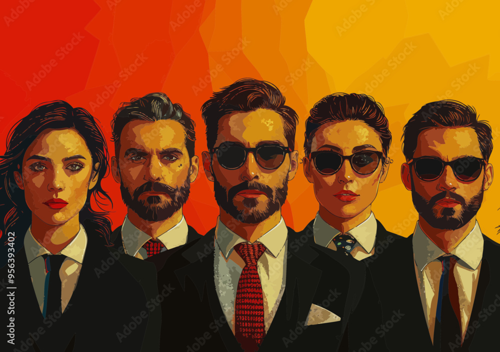 Dynamic Business Team in Formal Attire with Sunglasses Against Vibrant Background - Leadership and Success Concept Dynamic Business Team in Formal Attire with Sunglasses Against Vibrant Background - Leadership and Success Concept