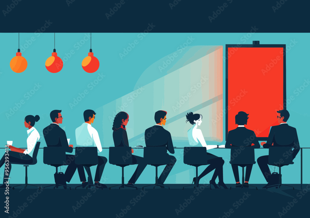 Business Training Session With Team Members Learning From Teacher in Modern Classroom, Evening Setting, Minimalistic Vector Illustration on Education and Professional Development