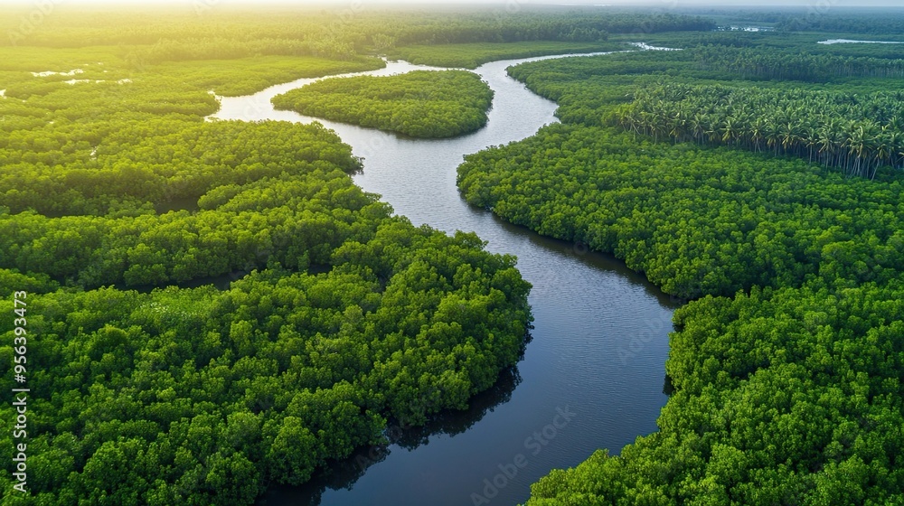 Aerial View of River Winding Through Mangrove Swamps, Offering a Natural Landscape Perspective with Rich Greenery and Water Reflections. Aerial View of River Winding Through Mangrove Swamps, Offering a Natural Landscape Perspective with Rich Greenery and Water Reflections.