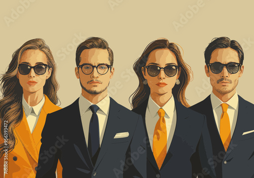 Confident Business Team in Formal Attire Ready to Work - Minimalistic Vector Illustration of Four Professionals in Suits and Sunglasses, Teamwork, Professionalism, and Success Concept