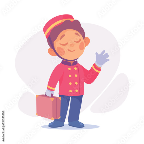 Boy Doorman Welcome Guest Carry Luggage in Hotel as Child Profession Vector Illustration