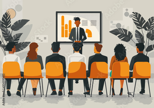 Business Presentation Meeting with Team and Male Leader in Office, Minimalistic Vector Illustration, Education and Teamwork