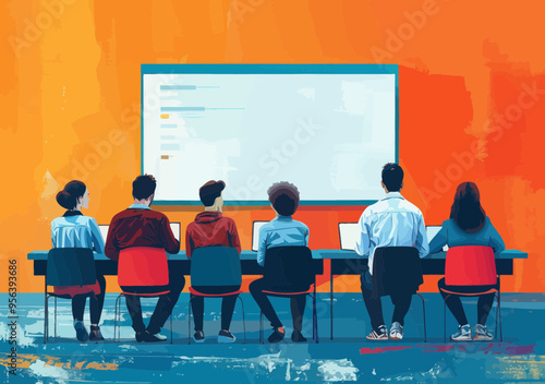 Business team in classroom setting listening to teacher, learning and education concept, minimalistic vector illustration with people, modern workspace, daytime, professional development training