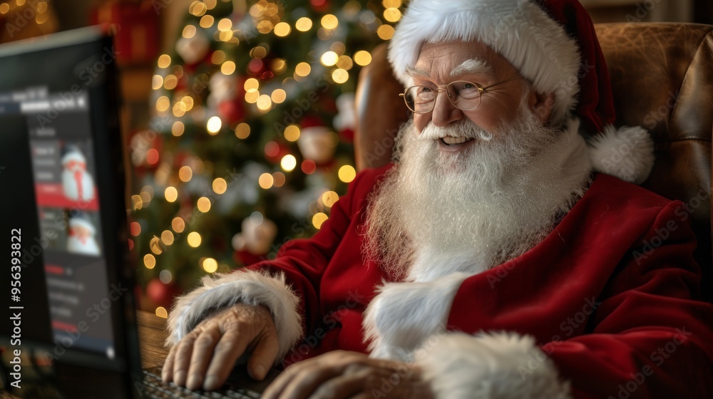 Smiling Santa Claus Checking His List Online, Embracing Christmas Spirit in the Digital Age. Smiling Santa Claus Checking His List Online, Embracing Christmas Spirit in the Digital Age.