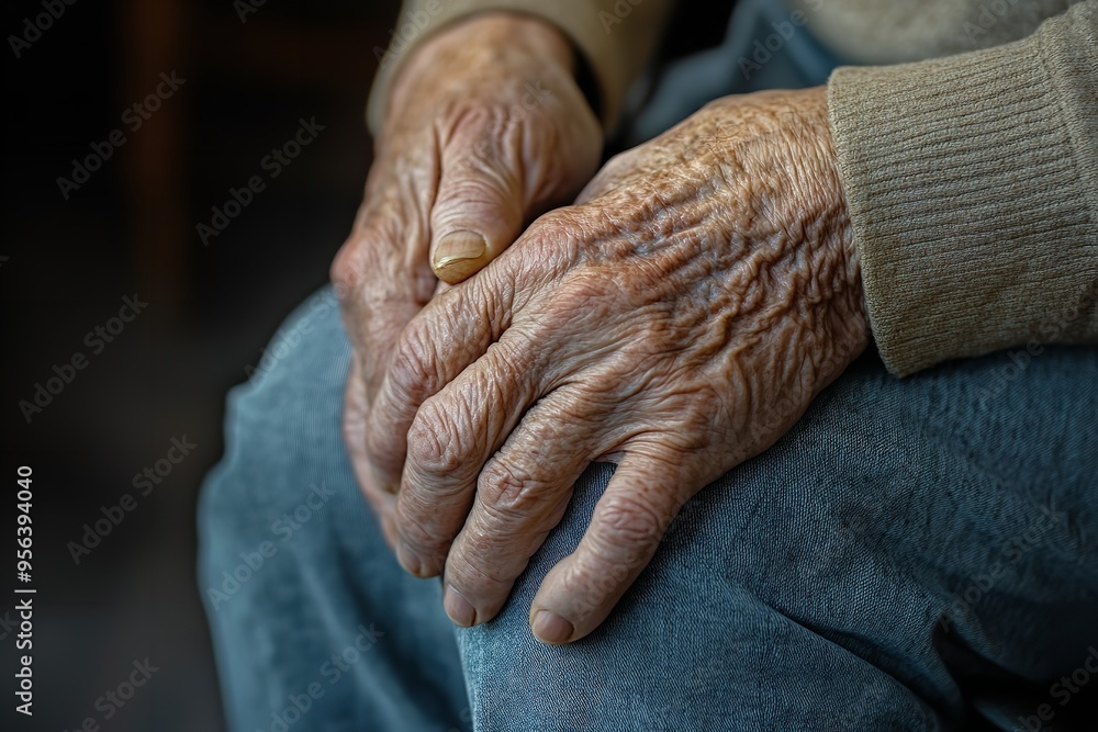 Fototapeta premium Close-up of an elderly man’s hand gripping his knee, experiencing joint and bone pain. A mature man massages his aching knee while seated, suffering from discomfort at home.