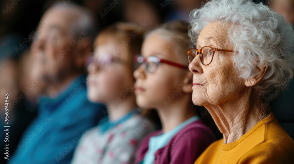Loving grandparents watch and cheer enthusiastically as their grandchildren perform on stage showing their deep support and pride during a special school play event Loving grandparents watch and cheer enthusiastically as their grandchildren perform on stage showing their deep support and pride during a special school play event