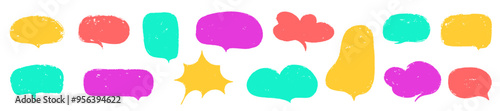 Crayon speech bubble set. Round, cloud and star frame for text. Chalk texture speech dialog balloon. Crayon bubble for talk and comic design. Vector illustration