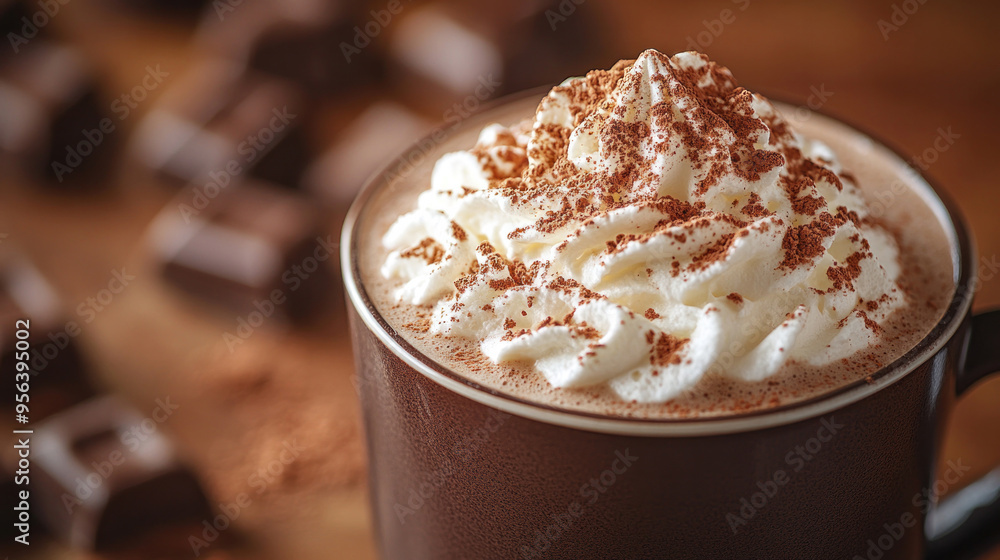 Hot Chocolate with Whipped Cream: A steaming cup of rich hot chocolate topped with a generous swirl of whipped cream and a sprinkle of cocoa powder. Hot Chocolate with Whipped Cream: A steaming cup of rich hot chocolate topped with a generous swirl of whipped cream and a sprinkle of cocoa powder.
