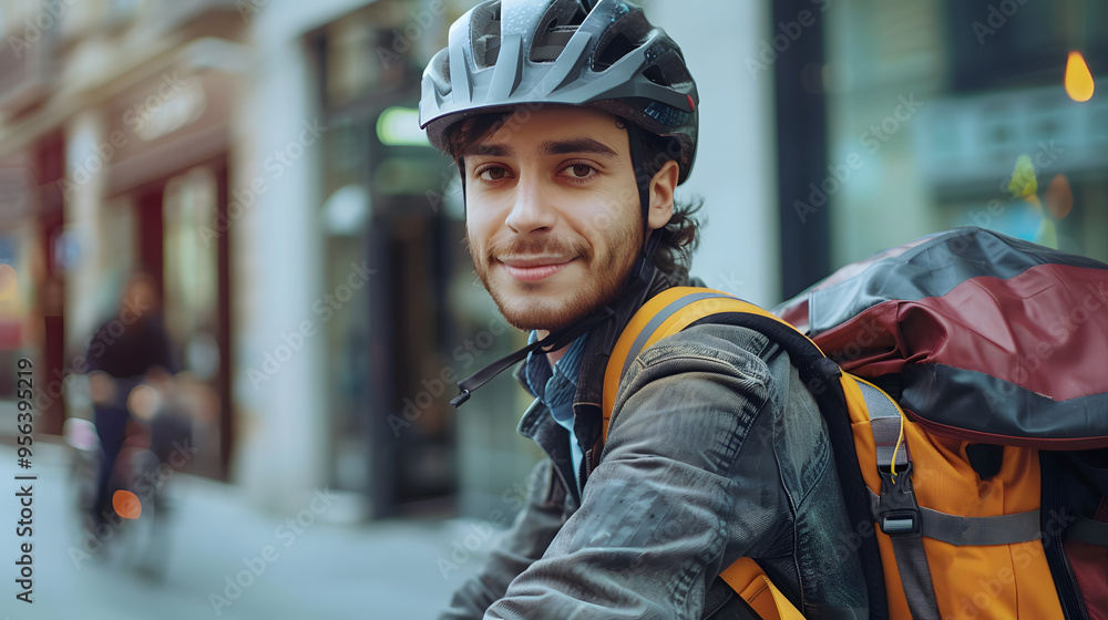 Fototapeta premium Male food delivery man in a helmet on a bicycle with a backpack, delivering food. AI Generated