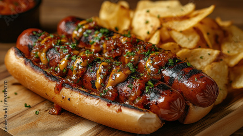 Hot Dogs: Mouthwatering hot dogs with various toppings like mustard, ketchup, and relish, served with a side of crispy chips.