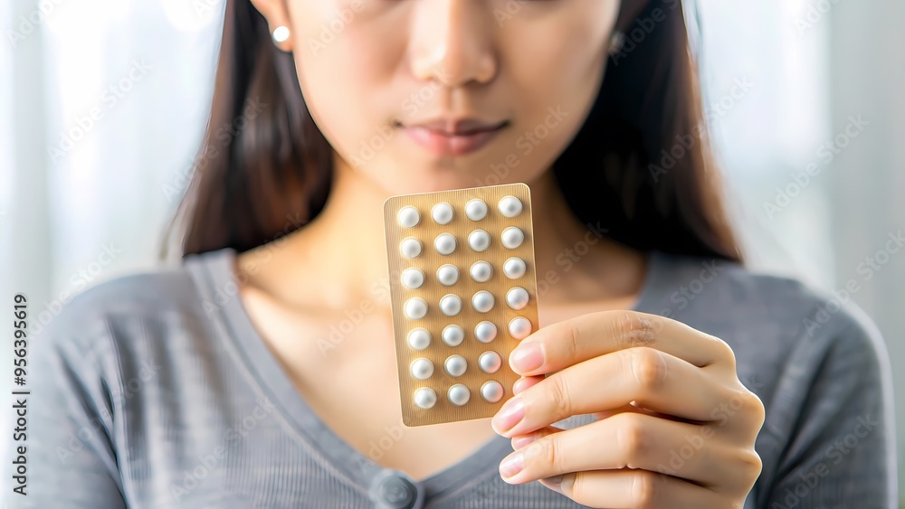 A closeup photo of a young woman holding a pack of birth control pills or medication A closeup photo of a young woman holding a pack of birth control pills or medication
