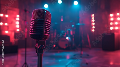 A vintage microphone in a colorful music venue ready for performance