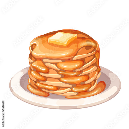 Pancake stack with piece of butter, honey or maple syrup on cartoon plate. Liquid toppings flowing over fluffy cooked flapjacks pile. Breakfast recipe mascot, cartoon hot pancakes vector illustration