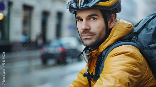 Male food delivery man in a helmet on a bicycle with a backpack, delivering food. AI Generated