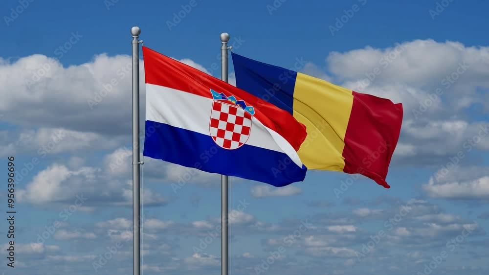 Romania and Croatia flags flying together, video concept of the relationship, two country cooperation concept Romania and Croatia flags flying together, video concept of the relationship, two country cooperation concept