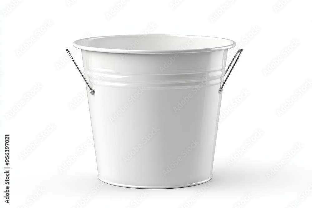 A plain white bucket with metal handles, suitable for various storage and carrying purposes. A plain white bucket with metal handles, suitable for various storage and carrying purposes.