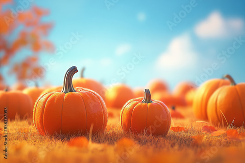 Ripe pumpkins growing on grass field during sunny autumn day photo