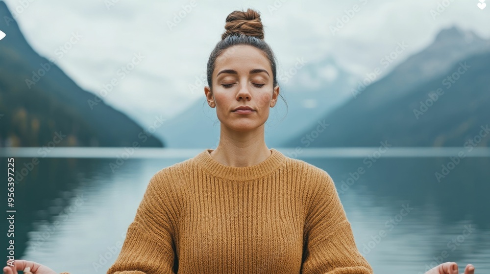 Fitness Influencer Meditating in Peaceful Lakeside Setting Achieving Mental and Physical Balance Amidst Nature s Calming Embrace  Wellness Health and Lifestyle Concept