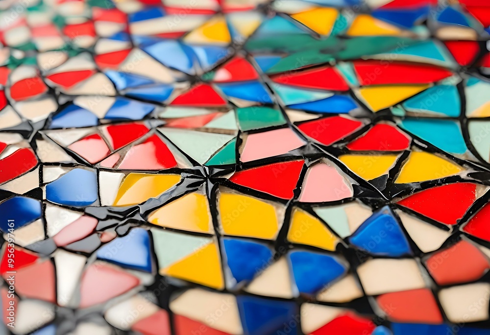 Fototapeta premium Colorful tile shards arranged in unique, decorative patterns for creative, new use.