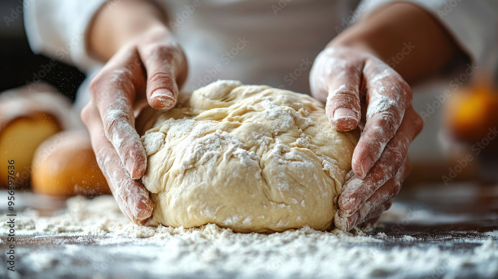 Kneading Dough: Hands kneading a ball of bread dough on a floured surface, capturing the process of creating homemade bread. Kneading Dough: Hands kneading a ball of bread dough on a floured surface, capturing the process of creating homemade bread.
