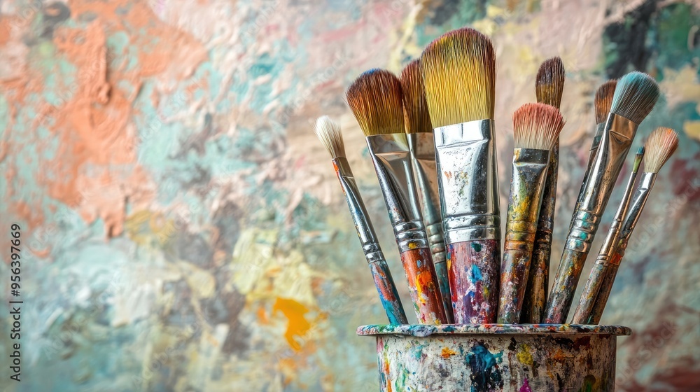 Obraz premium Photograph of an artist preparing brushes in an art studio.
