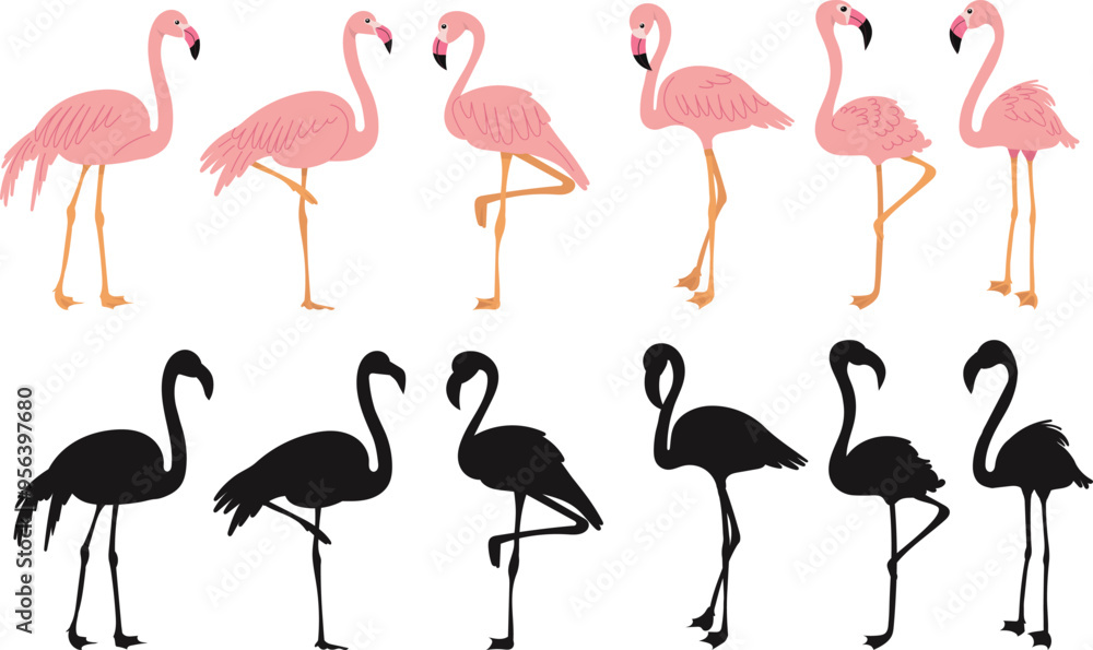 Naklejka premium pink flamingos in flat style on white background, vector