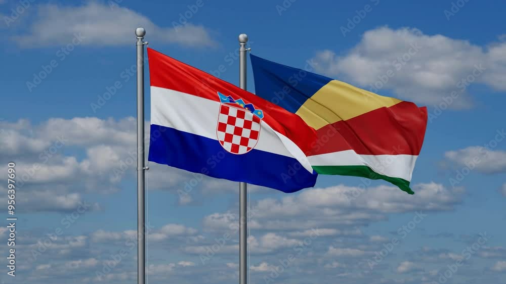 Seychelles and Croatia flags flying together, video concept of the relationship, two country relations concept Seychelles and Croatia flags flying together, video concept of the relationship, two country relations concept