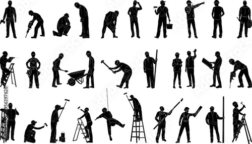 builders working set, silhouette collection on white background, vector