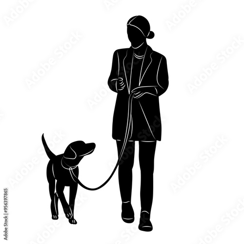 mistress and dog silhouette on white background, vector