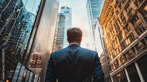 Photo of a businessman looking at an office building.