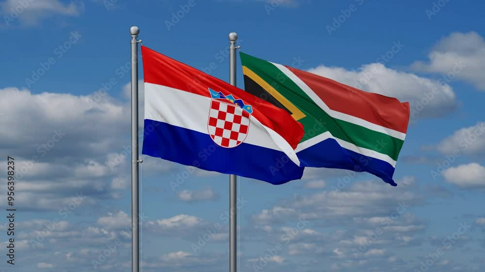 Republic of South Africa and Croatia flags flying together, video concept of the relationship, two country cooperation concept