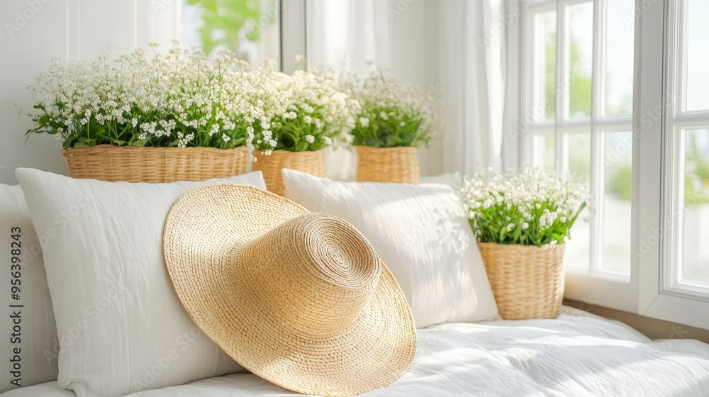 Summer still life. Delicate white flowers in a wicker basket, straw hat, and white linen pillows. Summer still life. Delicate white flowers in a wicker basket, straw hat, and white linen pillows.