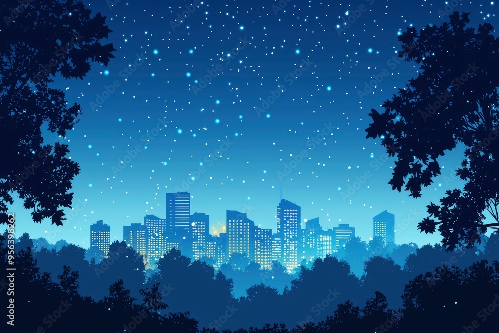 Fototapeta premium Nighttime Cityscape with Starry Sky and Trees