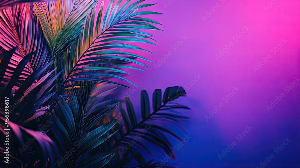 Tropical palm leaves photo in neon light, exotic background. Tropical palm leaves photo in neon light, exotic background.