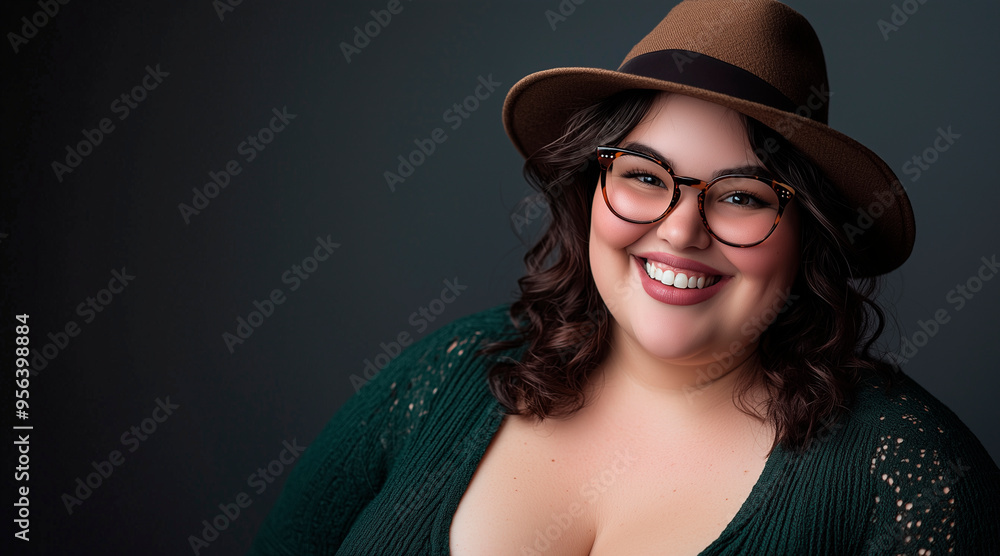 obese woman, glasses, medium smile, hat, colorfull, studio photography obese woman, glasses, medium smile, hat, colorfull, studio photography