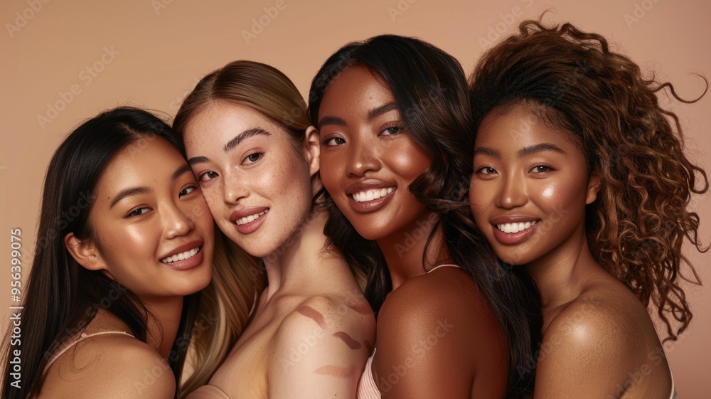 Obraz premium A group of four women of different ethnic backgrounds standing in line against a neutral beige background.