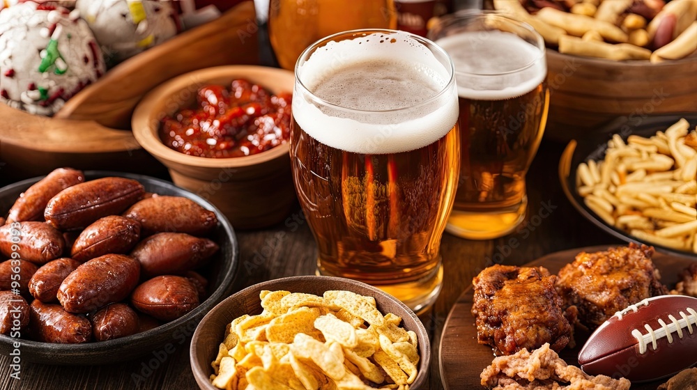 Beer and Snacks Set for Football Fans Party: Beer and Assorted Snacks Set Up for a Football Fans Party Beer and Snacks Set for Football Fans Party: Beer and Assorted Snacks Set Up for a Football Fans Party