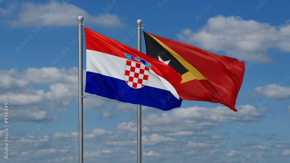 East Timor and Croatia flags flying together, video concept of the relationship, two country cooperation concept East Timor and Croatia flags flying together, video concept of the relationship, two country cooperation concept