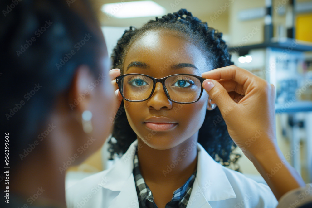 Optometrist is placing a pair of eyeglasses on her young patient during an eye exam at the clinic Optometrist is placing a pair of eyeglasses on her young patient during an eye exam at the clinic